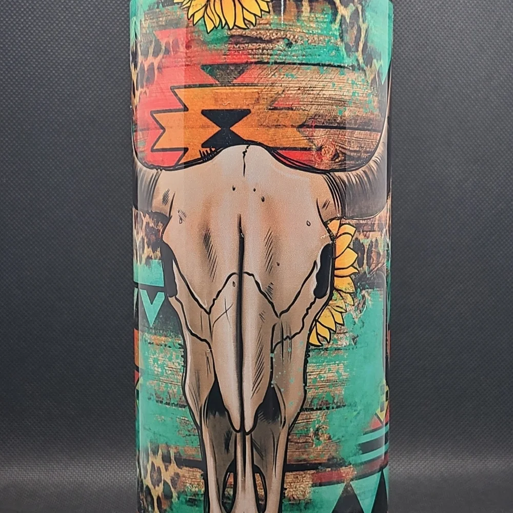 Colorful Tribal Skull Tumbler with Straw 30 ounce